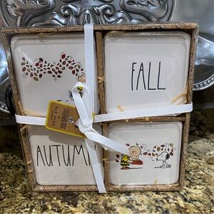 Rae Dunn boxed coaster set - FALL, AUTUMN, Snoopy and Charlie Brown Brand New